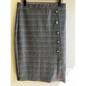 Meg & Margot Plaid Button Accent Career Pencil Skirt Gray Professional Academia